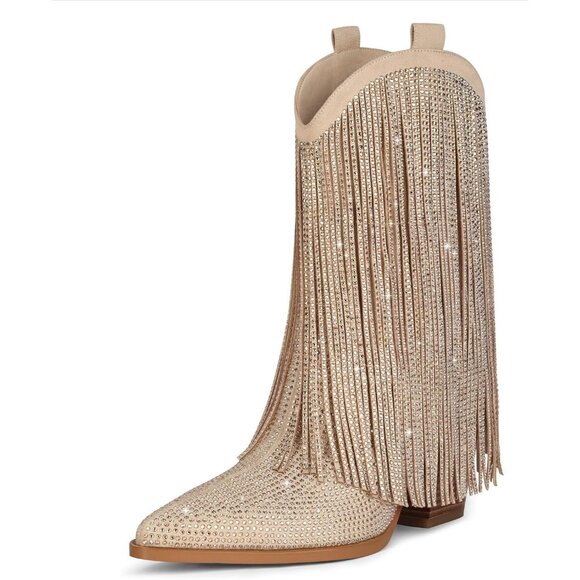 Women's Tan Cowgirl Rhinestone Boots With Sparkly Fringe Pointed Toe Wide Calf - Picture 1 of 9